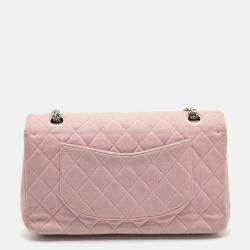 Pre Owned Chanel Light Pink Quilted Jersey Medium Classic Double Flap Bag