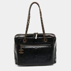 Pre Owned Chanel Black Python and Glazed Leather Medium Urban Mix Zipped Tote 