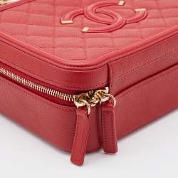 Pre Owned Chanel Red Quilted Caviar Leather Medium CC Filigree Vanity Case Bag