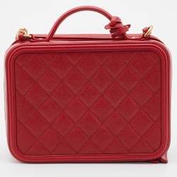 Pre Owned Chanel Red Quilted Caviar Leather Medium CC Filigree Vanity Case Bag
