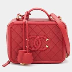 Pre Owned Chanel Red Quilted Caviar Leather Medium CC Filigree Vanity Case Bag