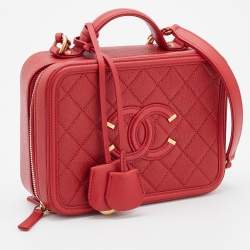 Pre Owned Chanel Red Quilted Caviar Leather Medium CC Filigree Vanity Case Bag