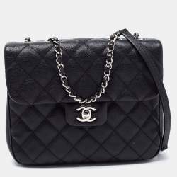 Pre Owned Chanel Black Quilted Caviar Leather Square Flap Bag