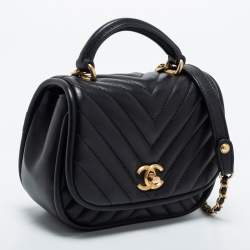 Pre Owned Chanel Black Reverse Chevron Leather Mini Round Flap Bag