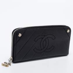 Chanel Black Chevron Leather Timeless Zip Around Wallet