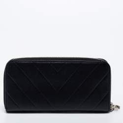 Chanel Black Chevron Leather Timeless Zip Around Wallet