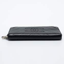 Chanel Black Chevron Leather Timeless Zip Around Wallet