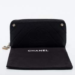 Chanel Black Chevron Leather Timeless Zip Around Wallet