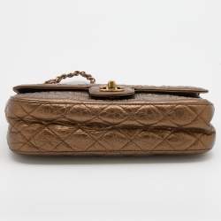 Pre Owned Chanel Metallic Bronze Leather Logo Embossed Flap Bag