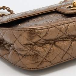 Pre Owned Chanel Metallic Bronze Leather Logo Embossed Flap Bag