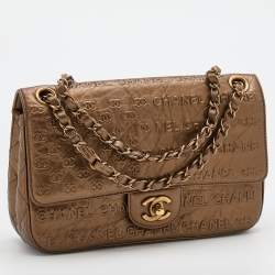 Pre Owned Chanel Metallic Bronze Leather Logo Embossed Flap Bag
