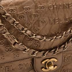 Pre Owned Chanel Metallic Bronze Leather Logo Embossed Flap Bag