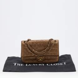 Pre Owned Chanel Metallic Bronze Leather Logo Embossed Flap Bag