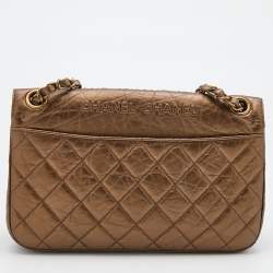 Pre Owned Chanel Metallic Bronze Leather Logo Embossed Flap Bag