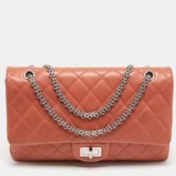 Pre Owned Chanel Coral Orange Quilted Leather Reissue 2.55 Classic 227 Flap Bag