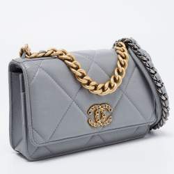 Chanel Grey Quilted Leather 19 Flap Wallet on Chain
