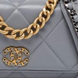 Chanel Grey Quilted Leather 19 Flap Wallet on Chain