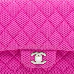 Pre Owned Chanel Pink Perforated Jersey and Patent Leather Medium Classic Single Flap Shoulder Bag