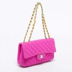 Pre Owned Chanel Pink Perforated Jersey and Patent Leather Medium Classic Single Flap Shoulder Bag