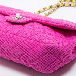 Pre Owned Chanel Pink Perforated Jersey and Patent Leather Medium Classic Single Flap Shoulder Bag