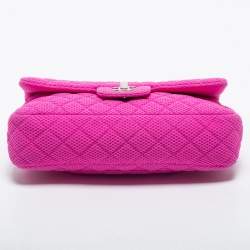 Pre Owned Chanel Pink Perforated Jersey and Patent Leather Medium Classic Single Flap Shoulder Bag