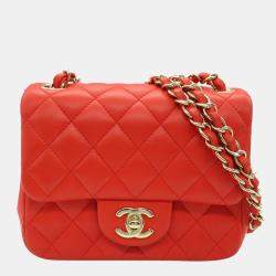 Pre Owned Chanel Red Mini Square Classic Single Flap Bag