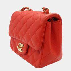 Pre Owned Chanel Red Mini Square Classic Single Flap Bag