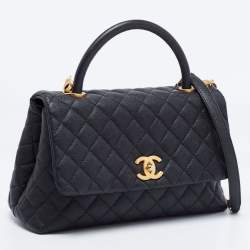 Pre Owned Chanel Black Quilted Caviar Leather Medium Coco Flap Top Handle Bag