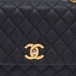Pre Owned Chanel Black Quilted Caviar Leather Medium Coco Flap Top Handle Bag