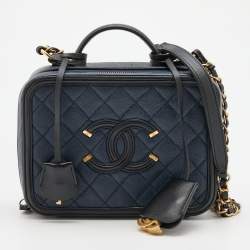Chanel Navy Blue/Black Quilted Caviar Leather Medium CC Filigree Vanity  Case Bag Chanel