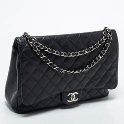 Pre Owned Chanel Black Quilted Caviar Leather Maxi Classic Double Flap Bag