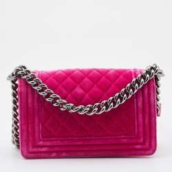 Pre Owned Chanel Pink Quilted Velvet Small Boy Bag