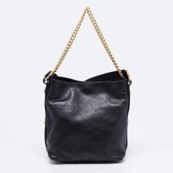 Pre Owned Chanel  Black Quilt Stitched Leather Button Up Hobo