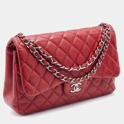 Pre Owned Chanel Red Quilted Caviar Leather Jumbo Classic Double Flap Bag