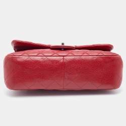 Pre Owned Chanel Red Quilted Caviar Leather Jumbo Classic Double Flap Bag