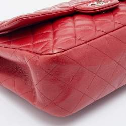 Pre Owned Chanel Red Quilted Caviar Leather Jumbo Classic Double Flap Bag