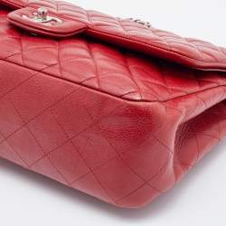Pre Owned Chanel Red Quilted Caviar Leather Jumbo Classic Double Flap Bag