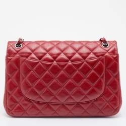 Pre Owned Chanel Red Quilted Caviar Leather Jumbo Classic Double Flap Bag