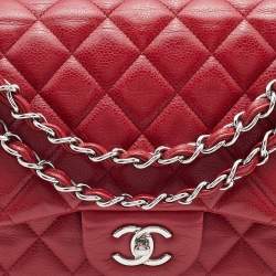 Pre Owned Chanel Red Quilted Caviar Leather Jumbo Classic Double Flap Bag