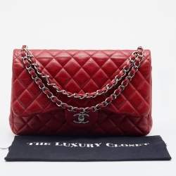 Pre Owned Chanel Red Quilted Caviar Leather Jumbo Classic Double Flap Bag