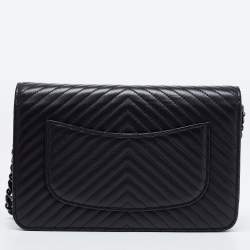 Chanel Black Chevron Leather Wallet on Chain