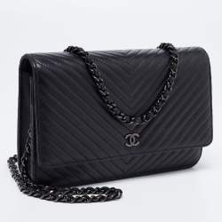 Chanel Black Chevron Leather Wallet on Chain