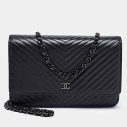 Chanel Black Chevron Leather Wallet on Chain