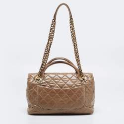 Pre Owned Chanel Dark Beige Quilted Leather Medium Castle Rock Flap Bag