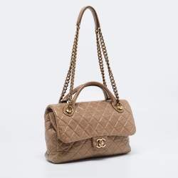 Pre Owned Chanel Dark Beige Quilted Leather Medium Castle Rock Flap Bag