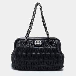 Pre Owned Chanel Black Perforated Pleated Leather CC Frame Satchel