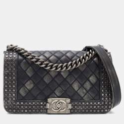 Pre Owned Chanel Black/Grey Quilted Leather Medium Studded Boy Bag