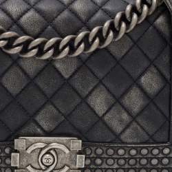 Pre Owned Chanel Black/Grey Quilted Leather Medium Studded Boy Bag