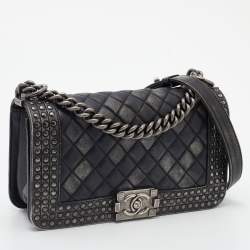 Pre Owned Chanel Black/Grey Quilted Leather Medium Studded Boy Bag