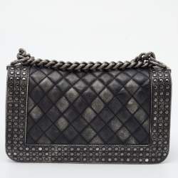 Pre Owned Chanel Black/Grey Quilted Leather Medium Studded Boy Bag